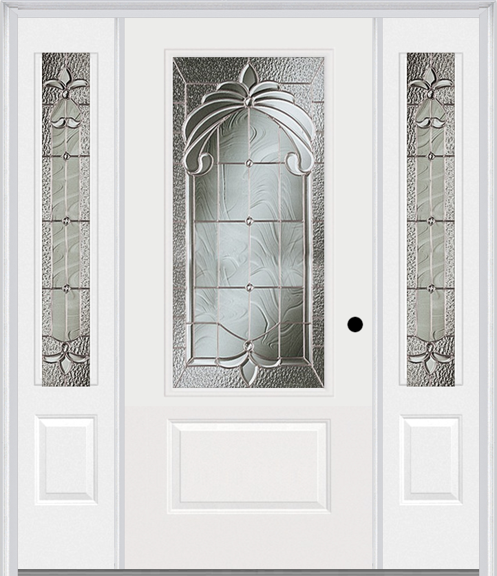 MMI 3/4 Lite 1 Panel 6'8" Fiberglass Smooth Expressions Satin Nickel Exterior Prehung Door With 2 Expressions Satin Nickel 3/4 Lite Decorative Glass Sidelights 608